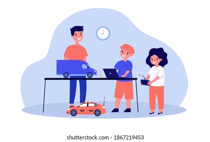 Children programming radio-controlled toy cars. Computer, remote control, playing kids flat vector illustration. Childhood or robotics class concept for banner, website design or landing web page
