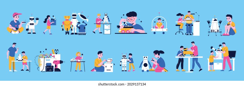 Children programming robots and smart electronic toys color set on blue background isolated vector illustration