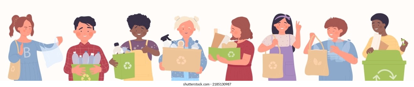 Children protect environment set, hold boxes and bags with recycle sign vector illustration. Cartoon kids throw and sort garbage in containers isolated on white. Zero waste lifestyle, ecology concept