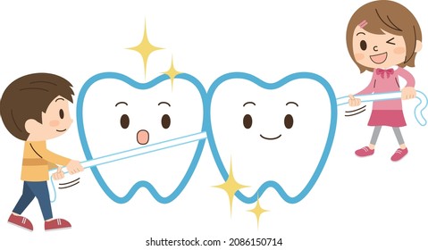 Children protecting their teeth with dental floss