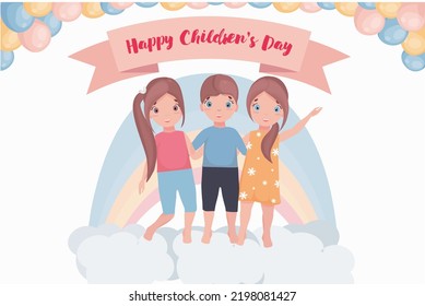 Children Protection Day. Happy children with balloons stand on the clouds under the rainbow.Baner or flyer ready for printing.Vector illustration