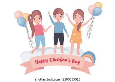 Children Protection Day. Happy kids with balloons are standing on the clouds.Baner or flyer ready for printing.Vector illustration