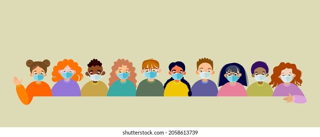 Children with protective mask flat vector illustration. A set of children with different skin and hair colors in medical masks. Wear face mask protect virus protect dust.