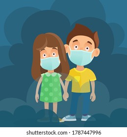 Children in protective masks on faces hold hands. Around polluted and poisoned black air, smoke and exhaust gas. Boy and girls with medical masks. Vector illustration, flat cartoon style.