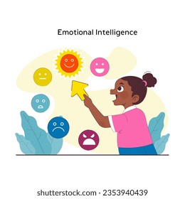 Psicología infantil. Concienciación sobre la salud mental infantil. Inteligencia emocional, desarrollo de EQ. Niño con profundo entendimiento de las emociones y la empatía. Ilustración vectorial plana