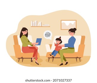 Children psychotherapy concept. Mother brought her daughter to specialist. Doctor will be able to solve internal problems. Parents take care of their teenager. Cartoon flat vector illustration