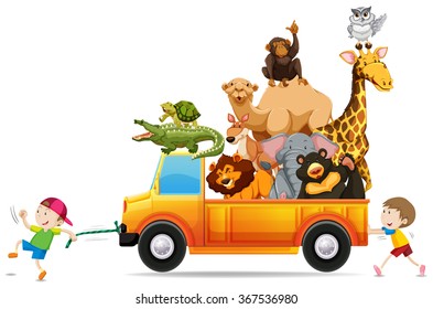 Children pulling a truck loaded with wild animals illustration