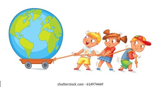 Children pulling wagon with a globe. Funny cartoon character. Vector illustration. Isolated on white background