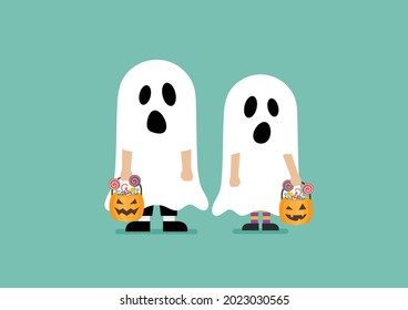 Children with pumpkin basket dressed in ghost costumes. Halloween holiday party. Vector illustration