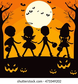 Children and pumpkin silhouette on trick or treat Halloween night full moon background