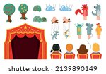 Children puppet theater color set with isolated icons of stage curtains decorations and puppets on strings vector illustration