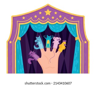 Children puppet theater composition with human hand wearing finger puppets in front of colorful theatrical curtains vector illustration
