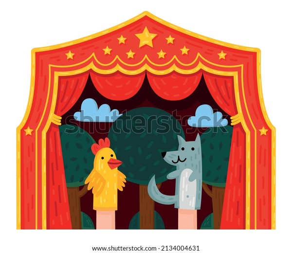 Children puppet theater composition with\
wearable hand gloves puppets of wolf and chicken with theatre\
curtains vector\
illustration