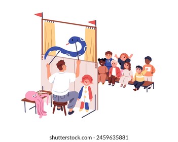 Children at puppet theater. Happy cute kids, toddlers watching marionette performance. Nursery theatre show with toys on sticks, backstage. Flat vector illustration isolated on white background