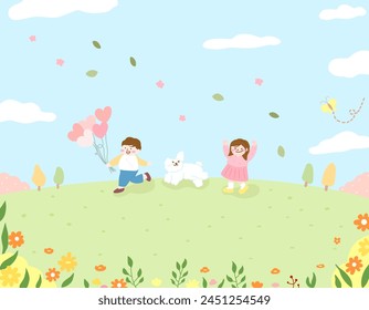 Children and Puppies Running in the Park on Spring Windy Day