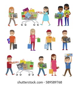 Children with purchases set of icons on white. Male and female children hold packages and boxes in hands and in trolleys. Vector colourful poster in flat style of smiling kids with toys and gifts