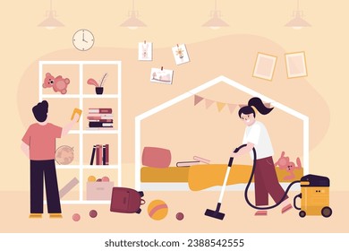 Children put away toys and vacuum in nursery or bedroom. Kids cleaning team doing household chores. Family teamwork, cleaning. Children help parents with housework. flat vector illustration