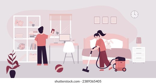 Children put away toys and vacuum in nursery or bedroom. Kids cleaning team doing household chores. Family teamwork, cleaning. Children help parents with housework. flat vector illustration