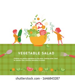 Children are puting vegetables on the plate. Cooking salad. Good for banner, flyer, nutrition education in school.