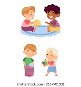 Children Putting Away Toys And Playing Ball. Education And Development Concept Cartoon Vector Illustration