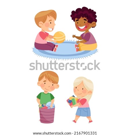 Children putting away toys and playing ball. Education and development concept cartoon vector illustration