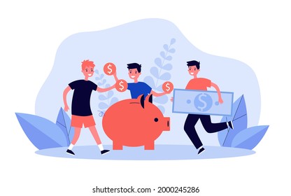 Children putting coins and banknotes into piggybank. Cartoon boys saving money in moneybox flat vector illustration. Finances, economy, education concept for banner, website design or landing page