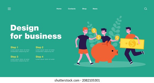 Children putting coins and banknotes into piggybank. Cartoon boys saving money in moneybox flat vector illustration. Finances, economy, education concept for banner, website design or landing page