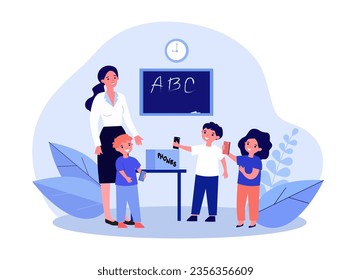 Children putting phones in box before class vector illustration. Cartoon drawing of kids following rules of school, ban on smartphones in school. Education, childhood, technology, prohibition concept