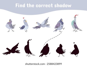 Children puzzle game with cute pigeons. Find correct shadow. Education play for toddlers, kindergarten preschool entertainment vector template