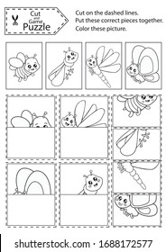 Children puzzle game. Kids coloring worksheets with cute insects. Art game and activity page. Find correct pieces pictures. Matching game. Vector illustration.