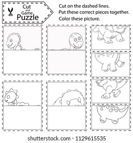 Children puzzle game. Kids worksheets with puzzle and coloring game. Art game and activity page. Find correct pieces pictures dinosaurs. Drawing with pieces and parts. Vector illustration.