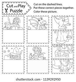 Children puzzle game. Kids worksheets with puzzle and coloring game. Art game and activity page. Find correct pieces pictures fabulous characters. Drawing with pieces and parts. Vector illustration.