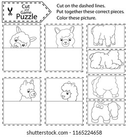 Children puzzle game. Kids worksheets with puzzle and coloring game. Art game and activity page. Find correct pieces pictures llams. Drawing with pieces and parts. Vector illustration.