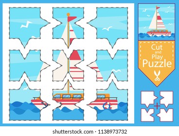 Children puzzle game. Worksheets with drawing sea sailing boat. Kids art game and activity page. Cartoon picture of ship. Educational fun for children. Riddle with piece of parts. Vector illustration.