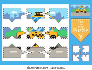 Children puzzle game. Worksheets with drawing a taxi car. Kids art game and activity page. Cartoon picture with car. Educational fun for children. Vector riddle with piece of parts.