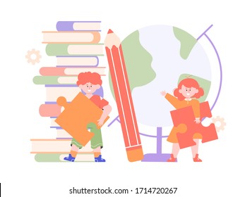 Children with puzzles. Cognition of the world, education and study. Piles of books, giant pencil, globe. Boy and girl preschoolers. Vector flat illustration.