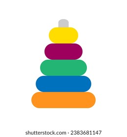 children pyramid toy isolated on white background, flat vector illustration of baby ring pyramid, single toddler training educational toy, fine motor development