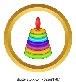 Children pyramid toy vector icon in golden circle, cartoon style isolated on white background