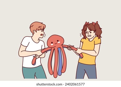 Children quarrel over toy and pull stuffed octopus in different directions, not wanting to compromise or share. Greedy boy quarrels with sister, refusing to share personal belongings
