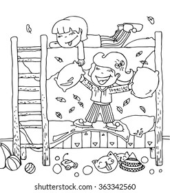 the children quite time on the bed in kindergarten cartoon hand drawn outline isolated on the white background