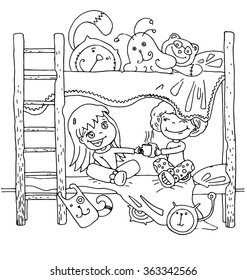 the children quite time on the bed in kindergarten cartoon hand drawn outline isolated on the white background
