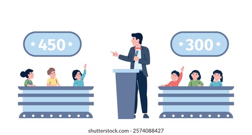 Children quiz competition. Little kids answering on presenter question. Childish tv show, media entertainment or game in studio. Two team compete, recent vector scene