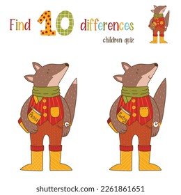 Children quiz find 10 differences with cute fairytale wolf educational game vector illustration
