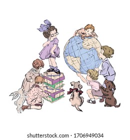 Children, rabbit and puppy viewing globe.  Young researchers. Geography lesson. Girl stands on stack of books holding pince-nez considers model of earth held by boys. 