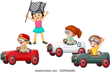 Children racing car together illustration