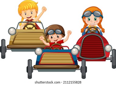 Children racing car together illustration