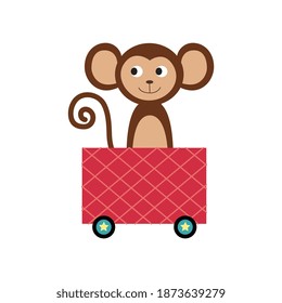 Children railway carriage with cute monkey cartoon character, flat vector illustration isolated on white background. Childish print of kids toy train and funny animal.