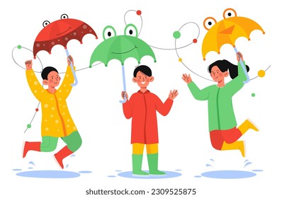 Children in rain. Boys and girls in rubber boots with umbrellas stand in puddle in autumn fall season. Kids walking at rainy weather to school or park. Cartoon flat vector illustration