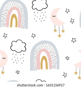 Children Rainbow Forest Seamless  Pattern, Vector Baby Background, kids wallpaper for fabric, textile, clothes, paper, scrapbooking, planner, sticker, nursery  