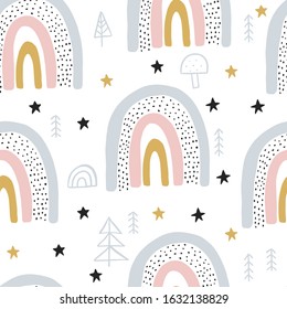 Children Rainbow Forest Seamless  Pattern, Vector Baby Background, kids wallpaper for fabric, textile, clothes, paper, scrapbooking, planner, sticker, nursery  